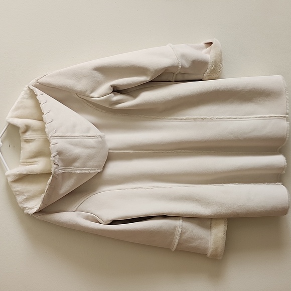 Coldwater Creek White Faux Leather Faux Fur Toggle Midi Coat Hooded Petite Large - Picture 7 of 8